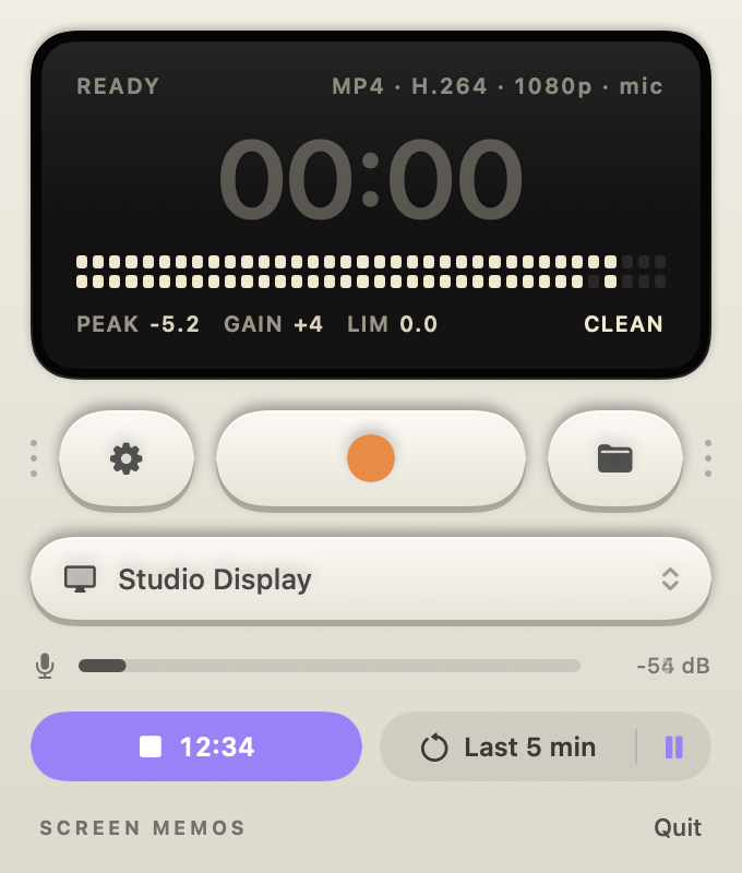 Screen Memos panel with Flow running and the Last 5 min button