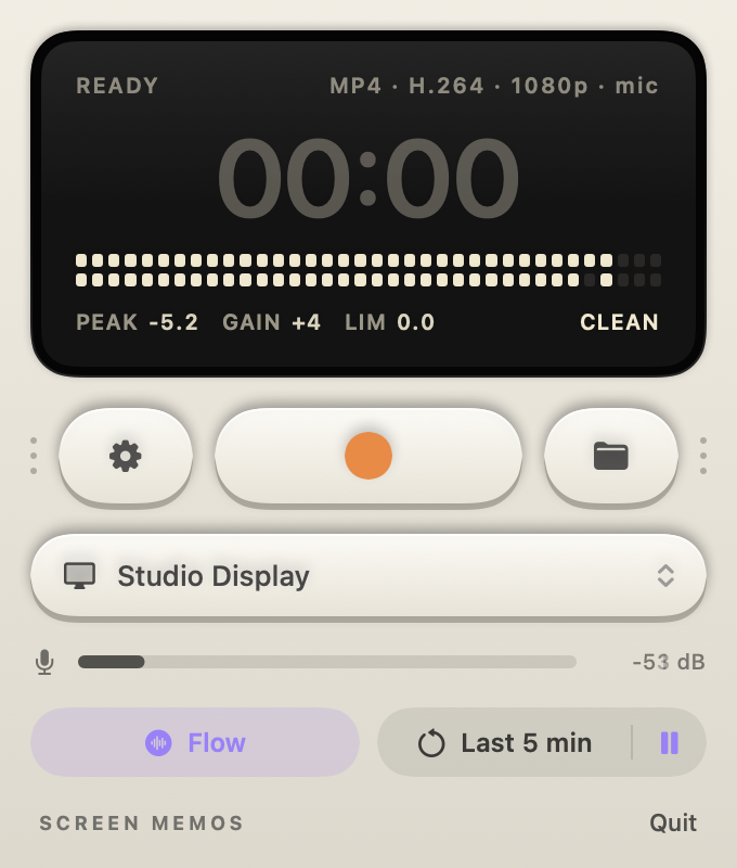 Screen Memos panel with peak, gain and limiter readouts