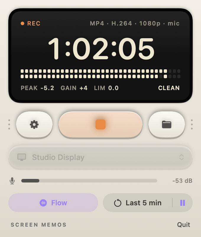 Screen Memos panel while recording: a timer, level meter, three keys and a source selector