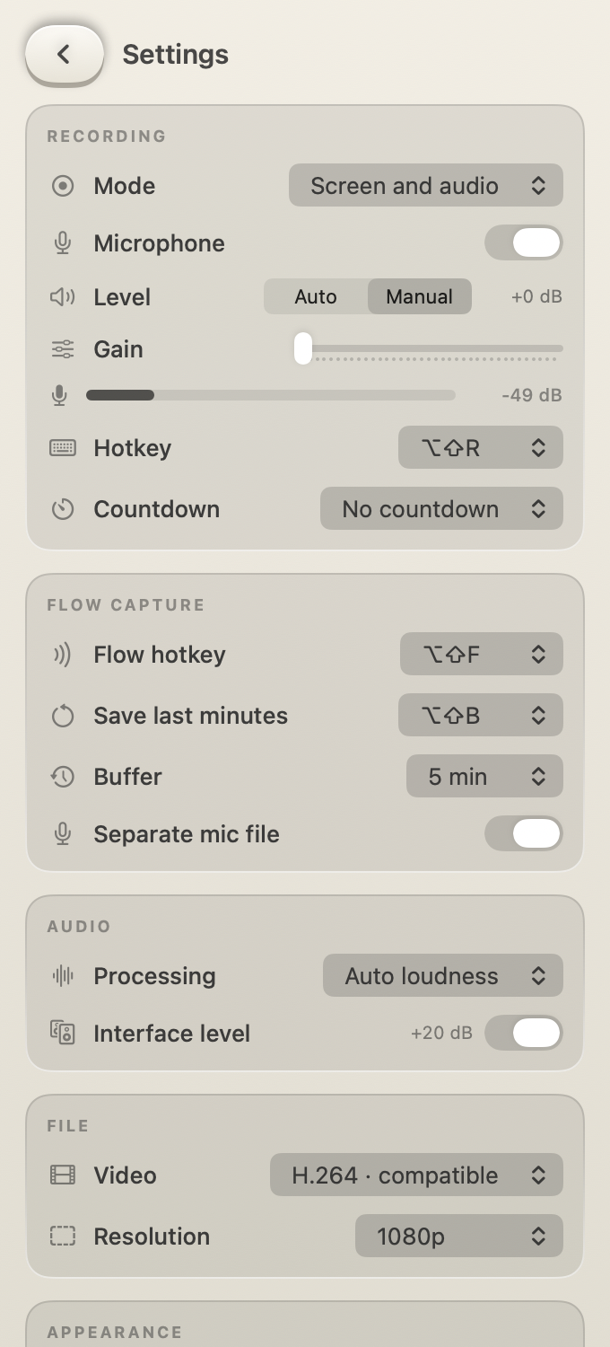 Screen Memos settings: recording mode, loudness, hotkeys, formats